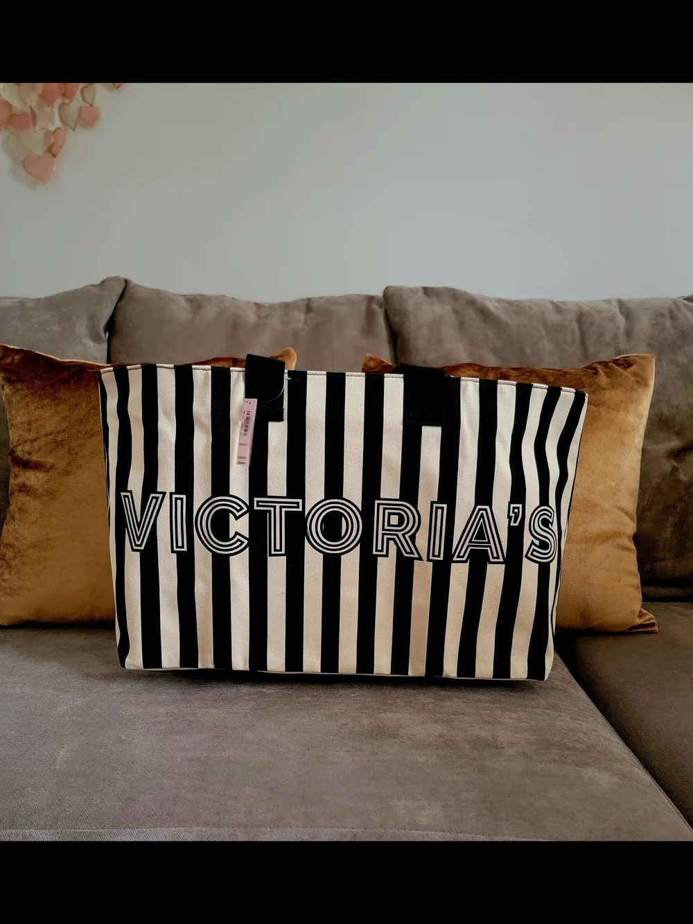 Victoria's Secret NWT Stripe Canvas Varsity Logo Large Travel Zipper Tote Bag